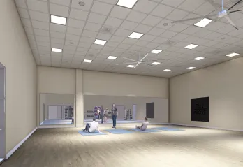 A render of an updated studio space within the Community YMCA at Gulf Breeze. The render represents concepts for the upcoming renovation of the Gulf Breeze branch.