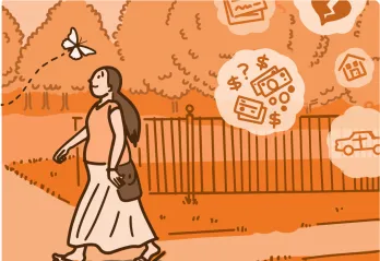 An illustration of a woman choosing to focus on a butterfly floating past, rather than stressors from everyday life, pictured in thought bubbles far behind her.