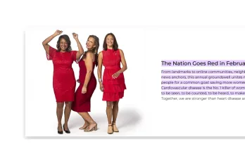 Three women pose wearing red dresses for cardiovascular disease awareness.