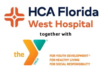 The logos for HCA Florida West Hospital and the YMCA of Northwest Florida are pictured, joined by the words "together with", to represent the partnership.