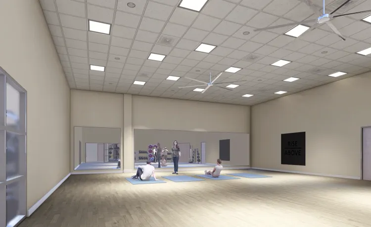 A render of an updated studio space within the Community YMCA at Gulf Breeze. The render represents concepts for the upcoming renovation of the Gulf Breeze branch.