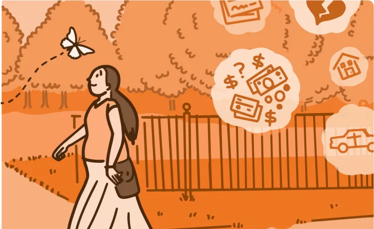 An illustration of a woman choosing to focus on a butterfly floating past, rather than stressors from everyday life, pictured in thought bubbles far behind her.