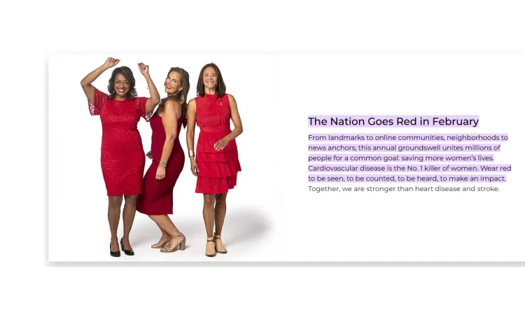 Three women pose wearing red dresses for cardiovascular disease awareness.