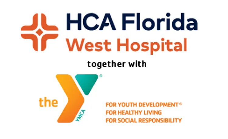 The logos for HCA Florida West Hospital and the YMCA of Northwest Florida are pictured, joined by the words "together with", to represent the partnership.