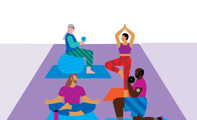 An illustration shows four members sharing space while they all go through their wellness routines.