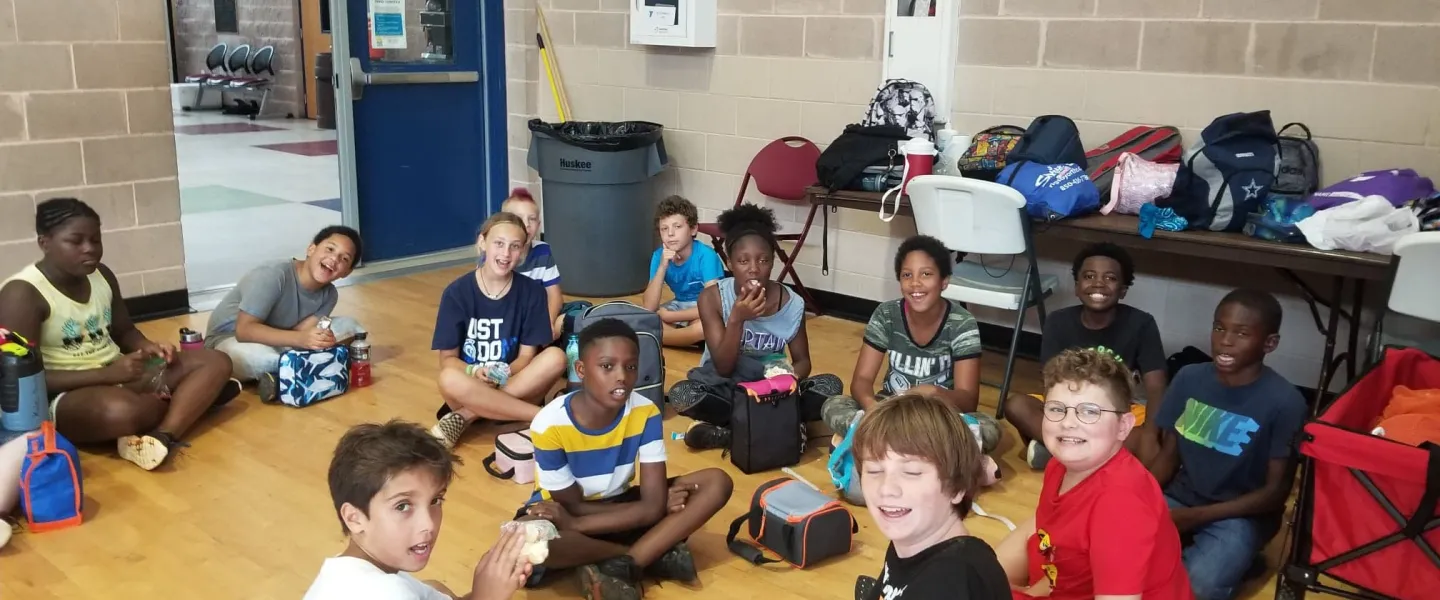 kids in a big group at camp